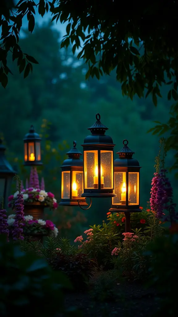 17 Charming Vintage Garden Decor Ideas to Enhance Your Outdoor Space 4 A collection of vintage lanterns glowing softly in a garden filled with flowers.