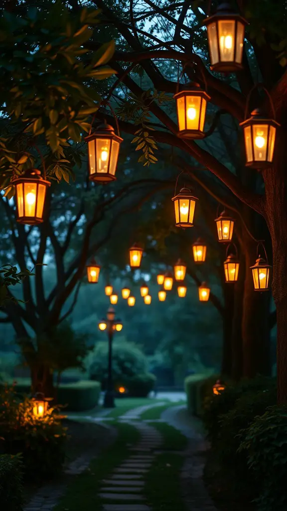 21 Charming Vintage Garden Decor Ideas to Transform Your Outdoor Space 5 A serene garden path illuminated by vintage lanterns hanging from trees, creating a magical evening atmosphere.