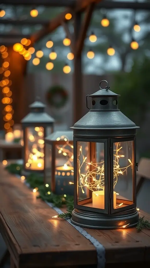 Vintage lanterns with fairy lights on a wooden table, creating a cozy holiday atmosphere.