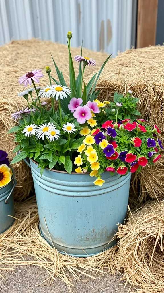 21 Gorgeous Fall Planters to Brighten Your Garden 4 A vintage blue metal bucket filled with colorful flowers, surrounded by hay bales.