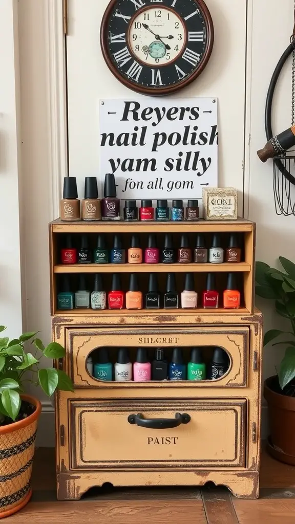 19+Creative Nail Polish Storage Ideas You’ll Love 11 A vintage wooden cabinet displaying various nail polishes with a clock and plants in the background.