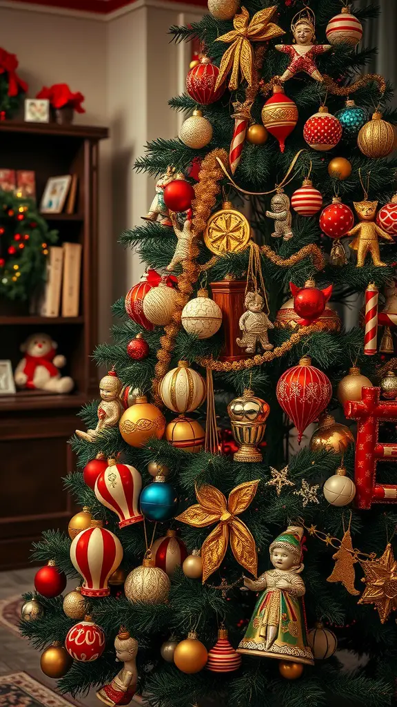 19 Unique Christmas Tree Ideas to Brighten Your Holidays 8 A beautifully decorated Christmas tree featuring a collection of vintage ornaments in various colors and designs.