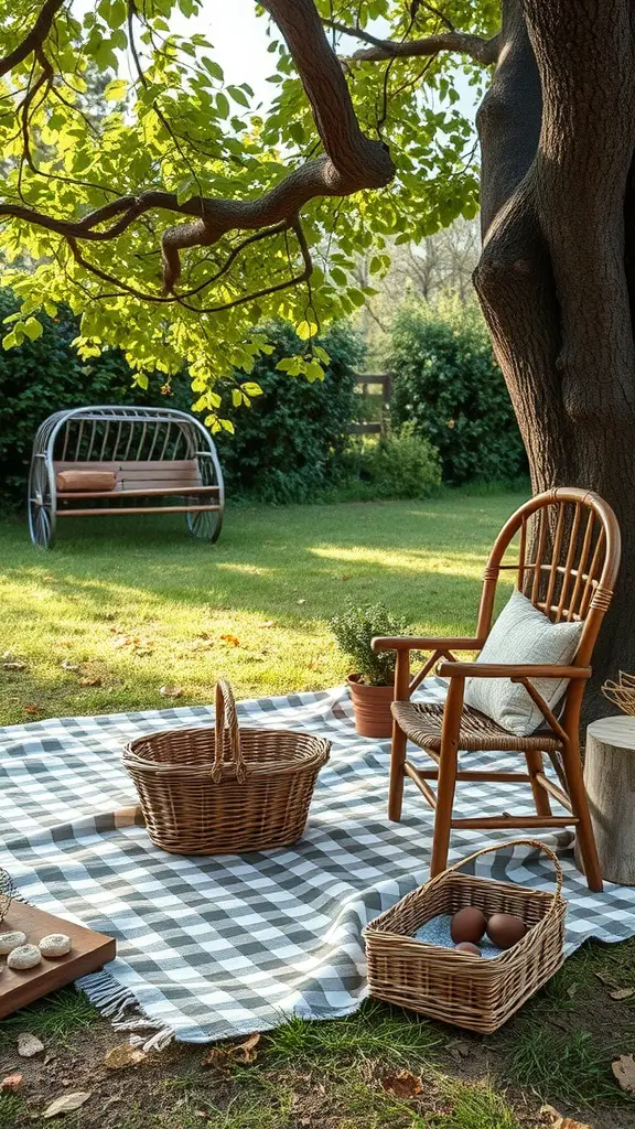 A cozy vintage picnic area with a checkered blanket, wooden chair, and rustic baskets under a leafy tree.