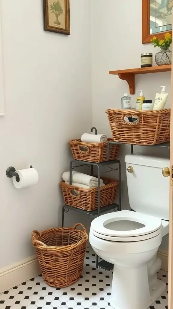 23+Chic Back of Toilet Decor Ideas to Transform Your Bathroom 6 A bathroom with vintage storage baskets behind the toilet, showcasing a cozy and organized decor.
