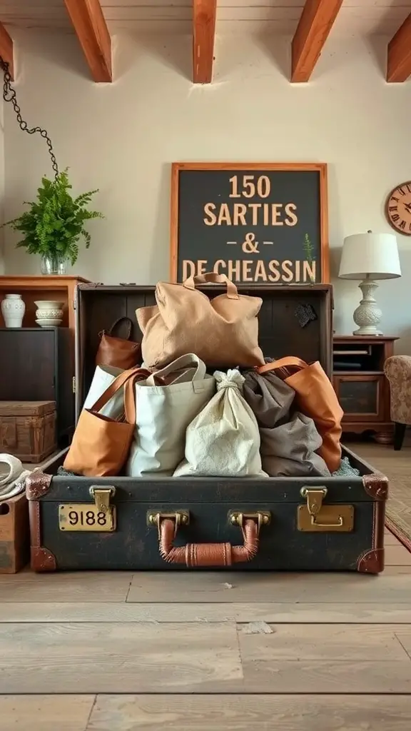 A vintage suitcase filled with various bags, showcasing a stylish storage solution.