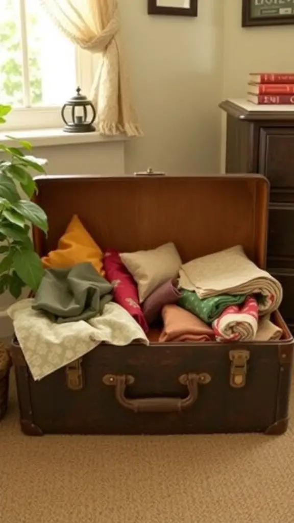 21 Creative Fabric Storage Solutions You Need to Try 16 A vintage suitcase filled with colorful fabrics, placed in a cozy room setting.