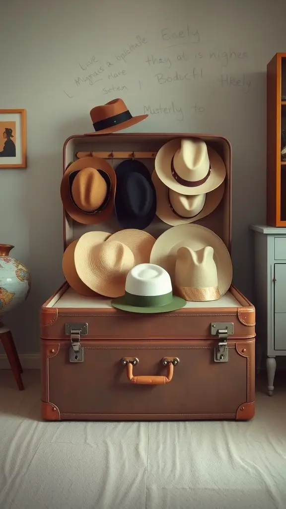 19 Creative Hat Rack Ideas for Your Home 7 A vintage suitcase filled with various hats, showcasing a creative hat holder idea.