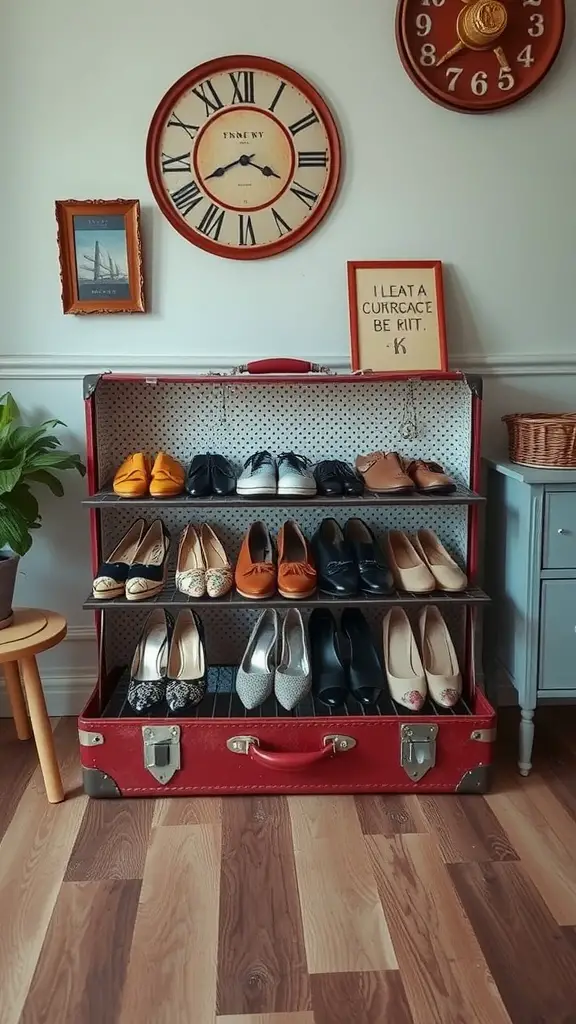 21+Creative DIY Shoe Rack Ideas to Organize Your Space 16 A vintage red suitcase repurposed as a shoe rack, displaying various pairs of shoes inside.