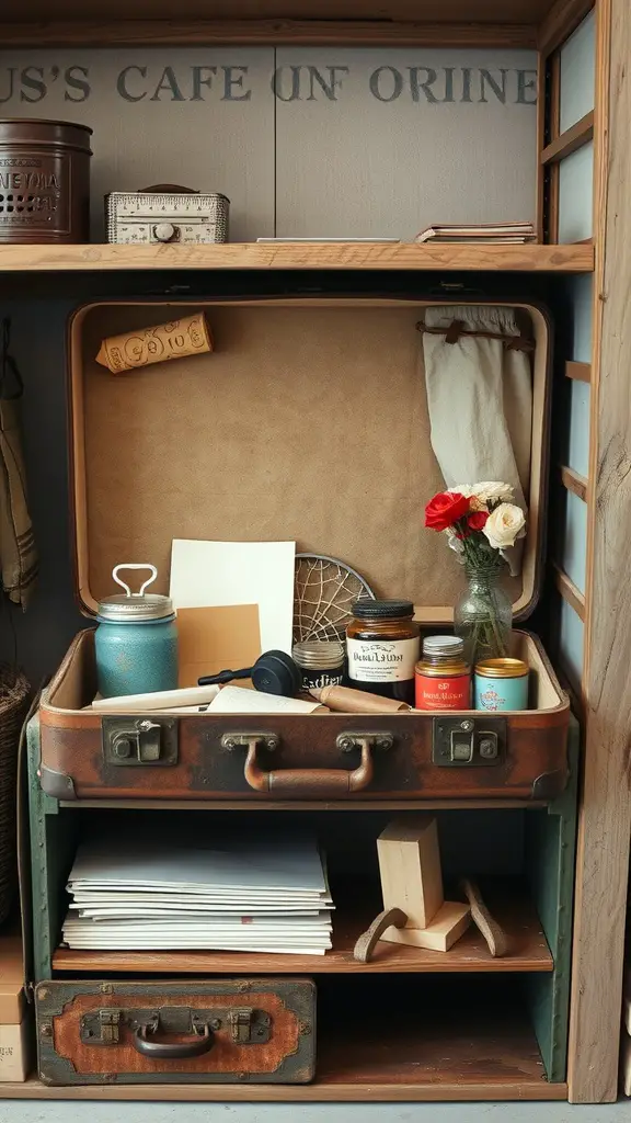 19 Creative DIY Storage Box Ideas You Need to Try 6 A vintage suitcase opened to reveal organized storage items, including jars and papers, with a bouquet of flowers.