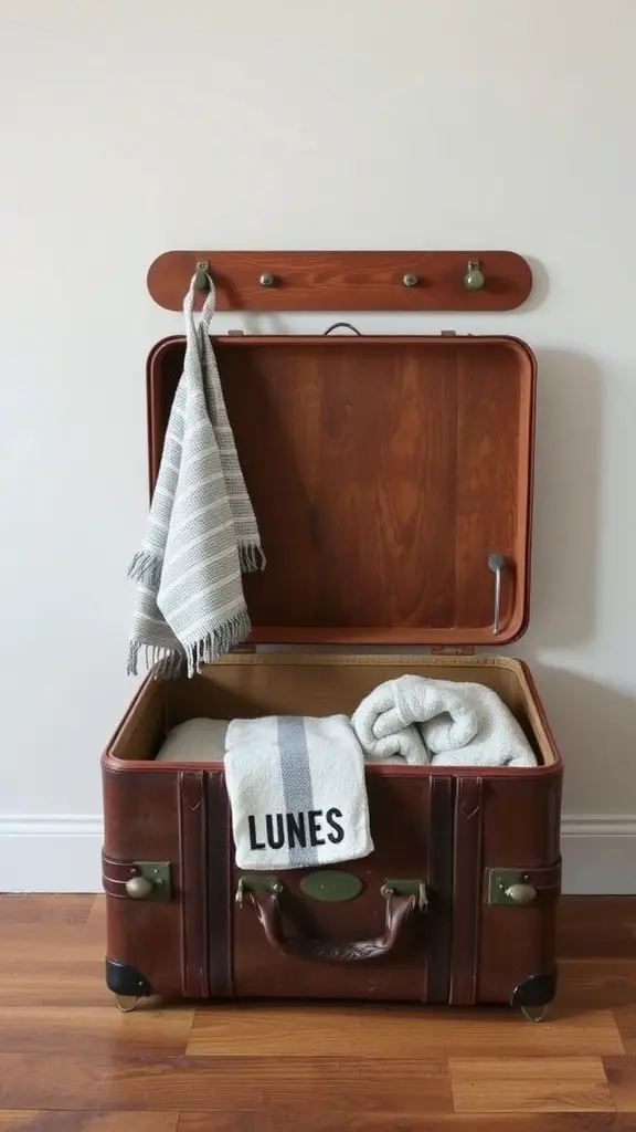 A vintage suitcase used for towel storage, displaying neatly folded towels and a hanging towel.