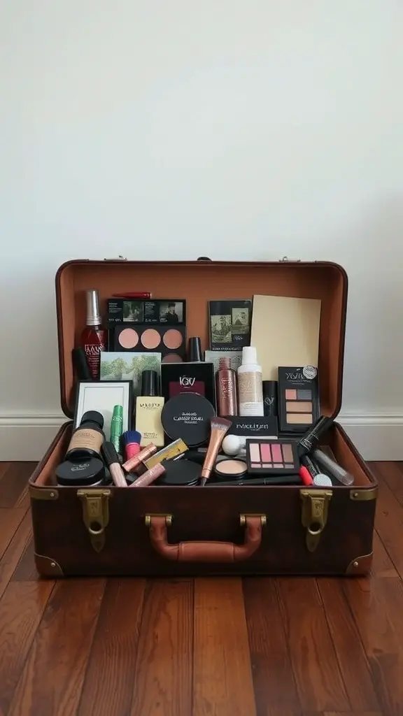 19+Creative Makeup Storage Ideas You Need to Try 4 A vintage suitcase filled with various makeup products, showcasing a unique storage idea.