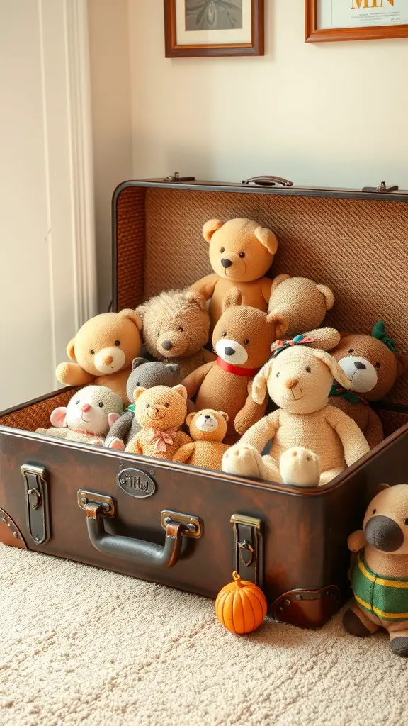 21 Creative Stuffed Animal Storage Ideas for a Tidy Space 17 A vintage suitcase filled with various stuffed animals, showcasing a cozy and organized toy storage solution.