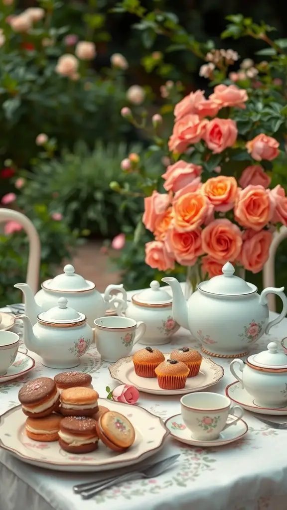 19 Whimsical Garden Party Ideas for Unforgettable Celebrations 8 A vintage tea party setup with a delicate tea set, cupcakes, and whoopie pies surrounded by blooming roses.