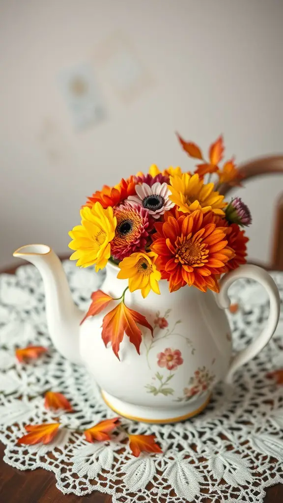 17 Stunning Fall Centerpieces for Your Dining Table 13 A vintage teapot filled with colorful flowers, surrounded by autumn leaves on a lace tablecloth.