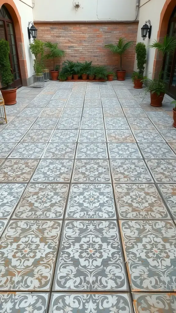 45 Creative Paint Ideas for Your Concrete Patio 15 A concrete patio with a vintage tile effect, featuring intricate patterns in gray and white, surrounded by potted plants.