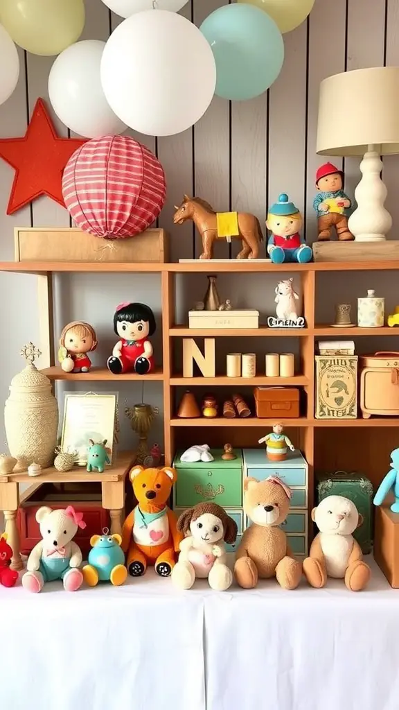 23 Adorable Baby Shower Decorations for Boys 14 A vintage toy display featuring colorful plush toys and classic figurines, decorated with balloons and stars.