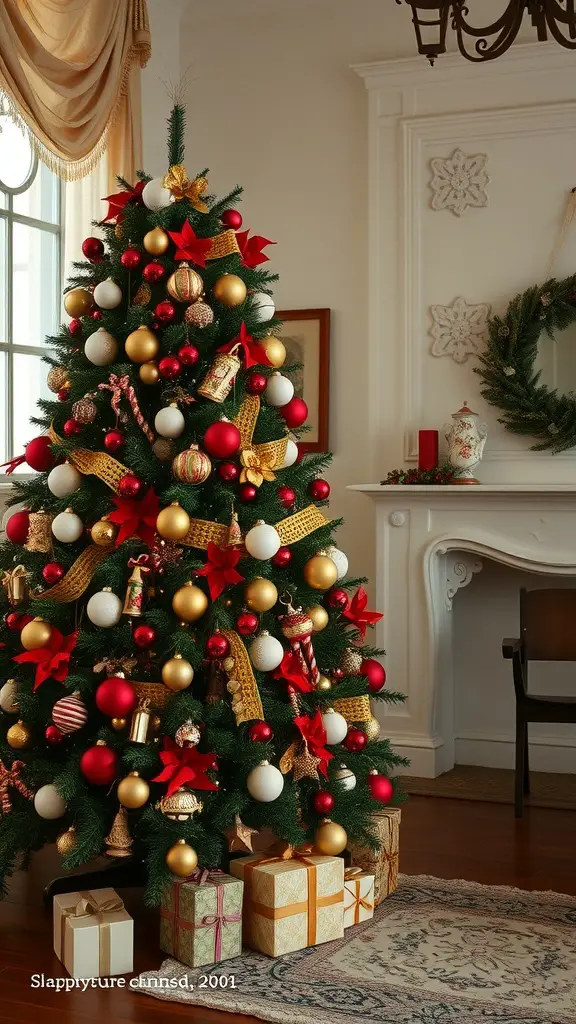 21 Creative Christmas Tree Ideas for a Cozy Fall Celebration 7 A beautifully decorated vintage Victorian Christmas tree with red and gold ornaments, surrounded by wrapped gifts.