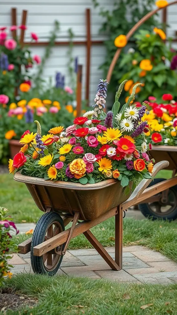 21 Charming Vintage Garden Decor Ideas to Transform Your Outdoor Space 13 A vintage wheelbarrow filled with colorful flowers in a garden setting.