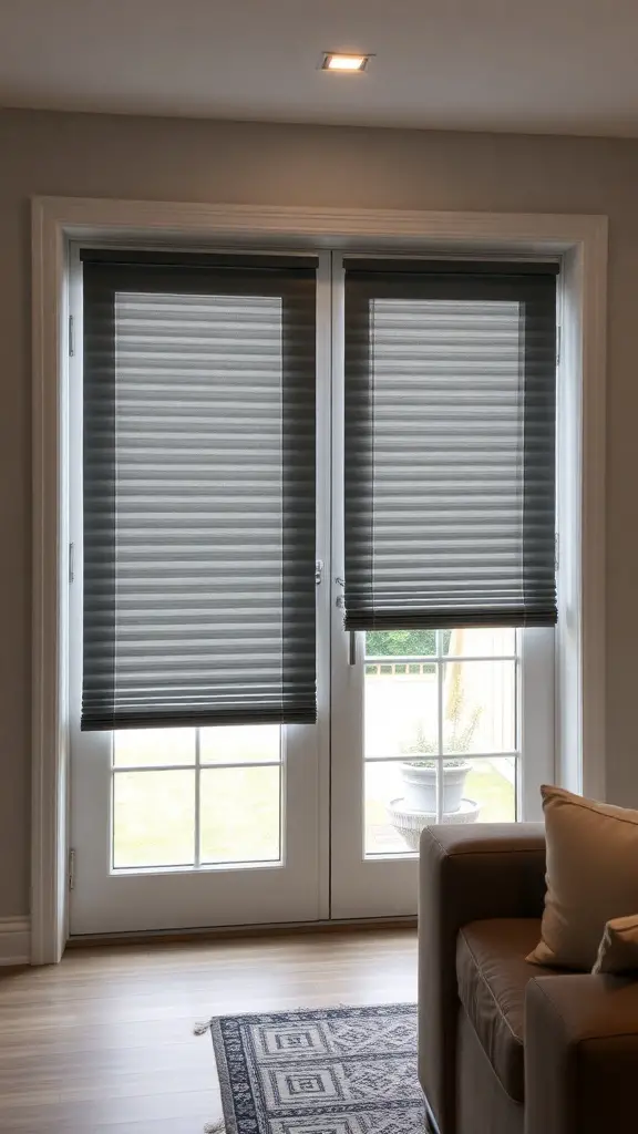 21 Creative French Door Privacy Ideas for Your Home 16 Vinyl blinds covering French doors, providing privacy and light control.