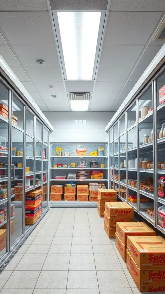 15+ Essential Food Storage Room Ideas for Your Home 4 A well-organized walk-in freezer with shelves filled with food items and bright lighting.