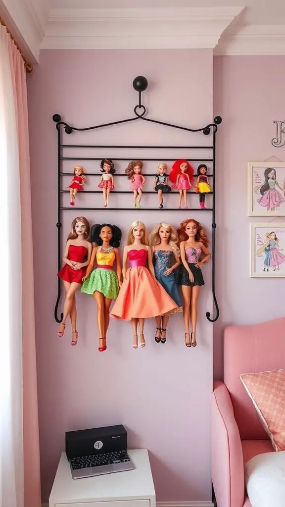 17 Creative Storage Ideas for Your Barbie Collection 7 Wall-mounted rack displaying various Barbie dolls on a pink wall.