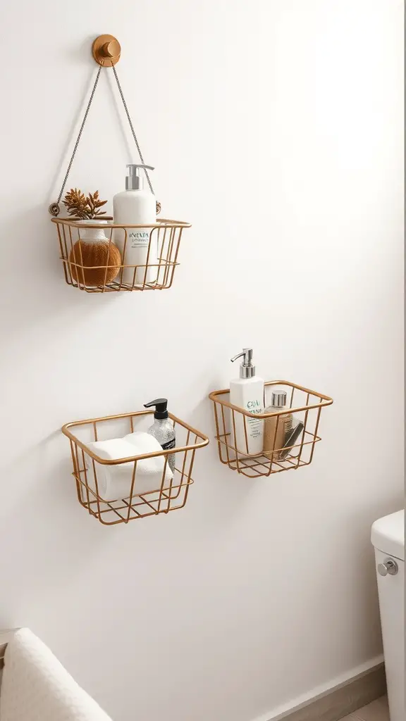 Three wall-mounted baskets in a bathroom, displaying toiletries and towels.