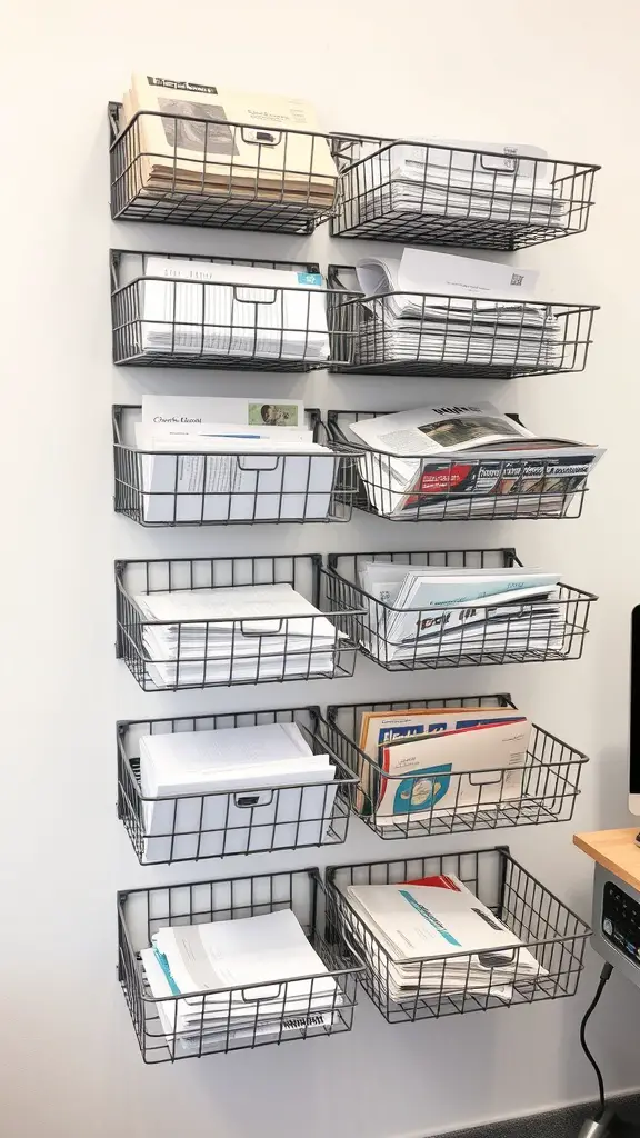 15 Creative Office Storage Ideas to Maximize Space 14 Wall-mounted wire baskets filled with papers and folders, organized for easy access.