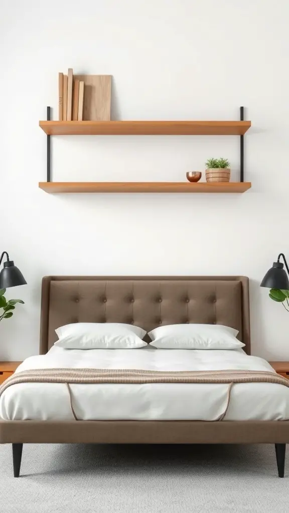 25+Creative Bed Frame with Storage Ideas You’ll Love 16 A modern bedroom featuring a wall-mounted bed frame with floating wooden shelves above it.