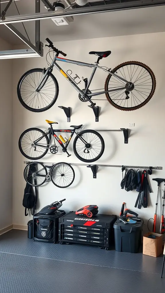 21 Creative Wall Storage Ideas to Maximize Your Space 11 A garage with two wall-mounted bikes, storage bins, and accessories organized neatly.