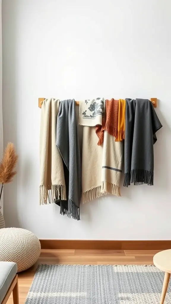Wall-mounted blanket rack with various blankets hanging on it