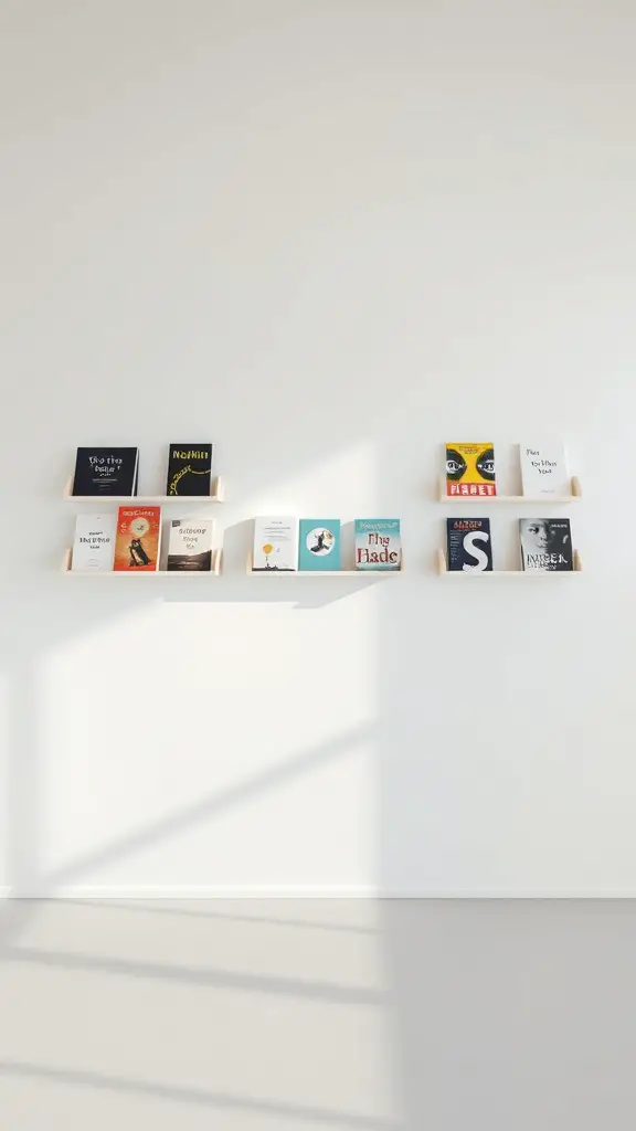 23 Creative Book Storage Ideas for Every Home 12 A modern wall-mounted book rack displaying various book covers on a white wall.