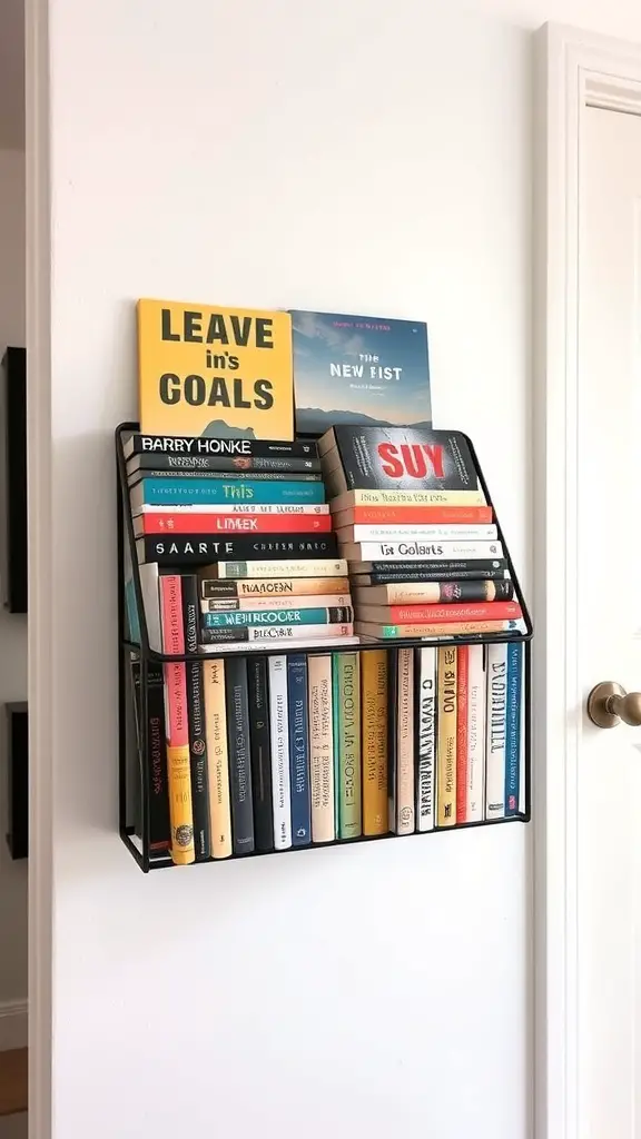 23+ Creative Book Storage Ideas for Every Space 10 A wall-mounted book rack displaying various books in a modern design.