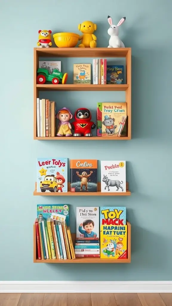 A wall-mounted bookcase with colorful toys and children's books.