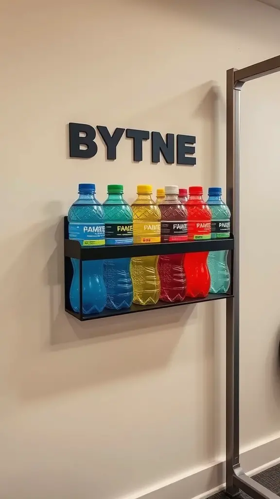 15+ Creative Ways to Store Your Water Bottles 4 Colorful wall-mounted bottle holder displaying various drinks.