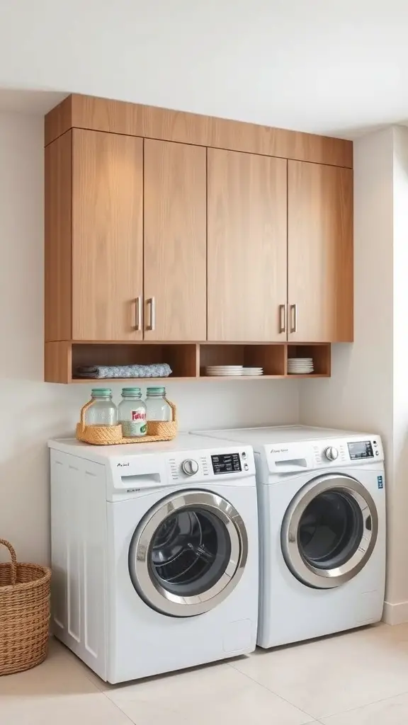 23+Creative Laundry Room Storage Ideas You Need to Try 10 A modern laundry room with wall-mounted wooden cabinets above a washer and dryer.