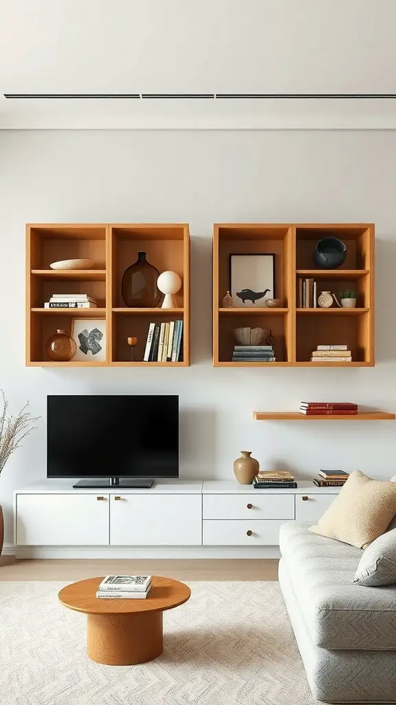 15 Clever Living Room Storage Ideas You Need to Try 6 A modern living room featuring wall-mounted wooden cabinets, a TV stand, and a round coffee table.