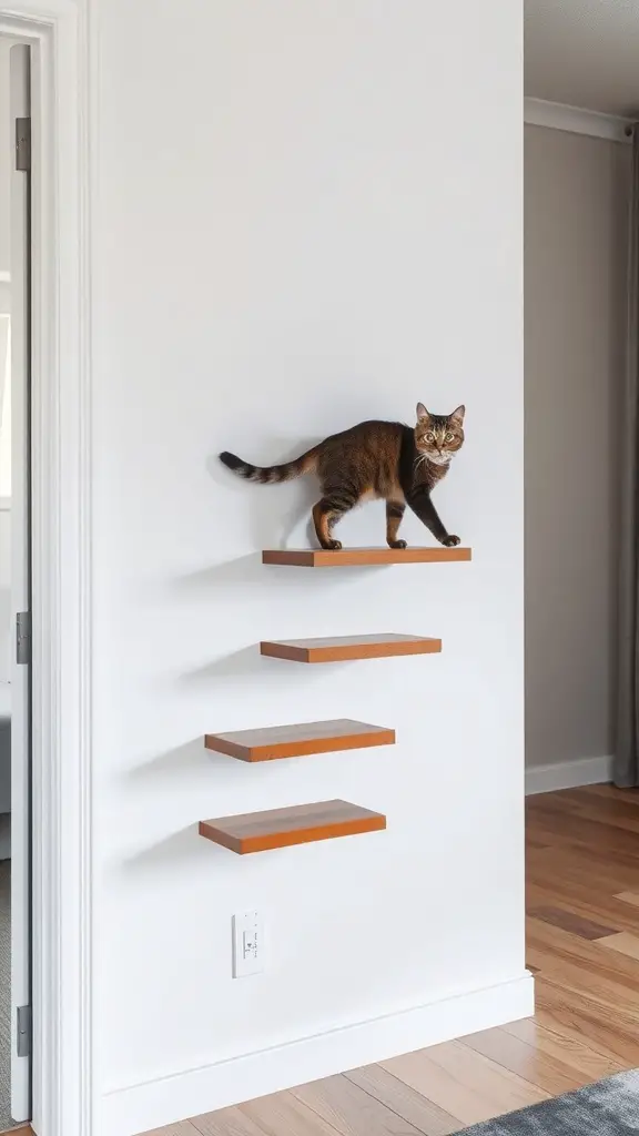 17 Purrfect Cat Apartment Ideas for Happy Felines 11 A cat walking on wall-mounted wooden shelves in a modern apartment.