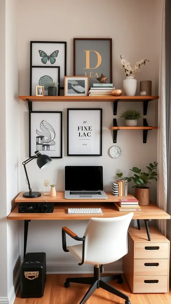 21 Creative Wall Storage Ideas to Maximize Your Space 7 A stylish wall-mounted desk setup with shelves, laptop, and decorative items.