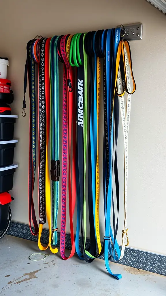 17+ Creative Dog Room Ideas for Your Garage 15 Colorful dog leashes hanging on a wall-mounted rack in a garage.
