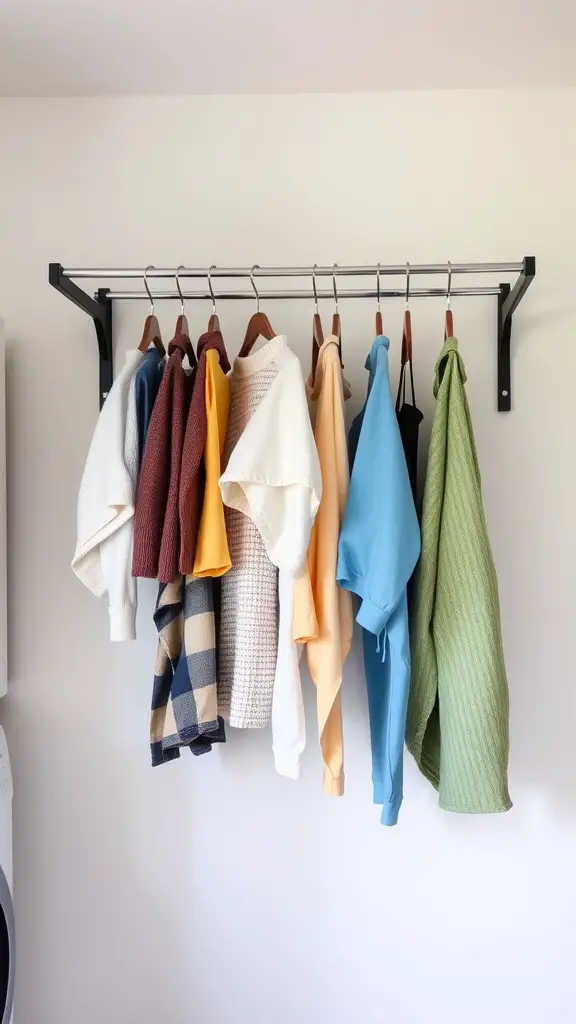 23 Creative Laundry Room Storage Ideas You Need to Try 7 Wall-mounted drying rack with colorful garments hanging on it