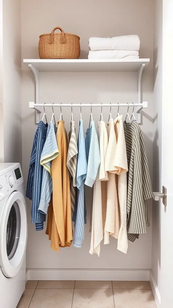 A small laundry room featuring a wall-mounted drying rack with colorful clothes hanging, a washing machine, a shelf with folded towels, and a woven basket.