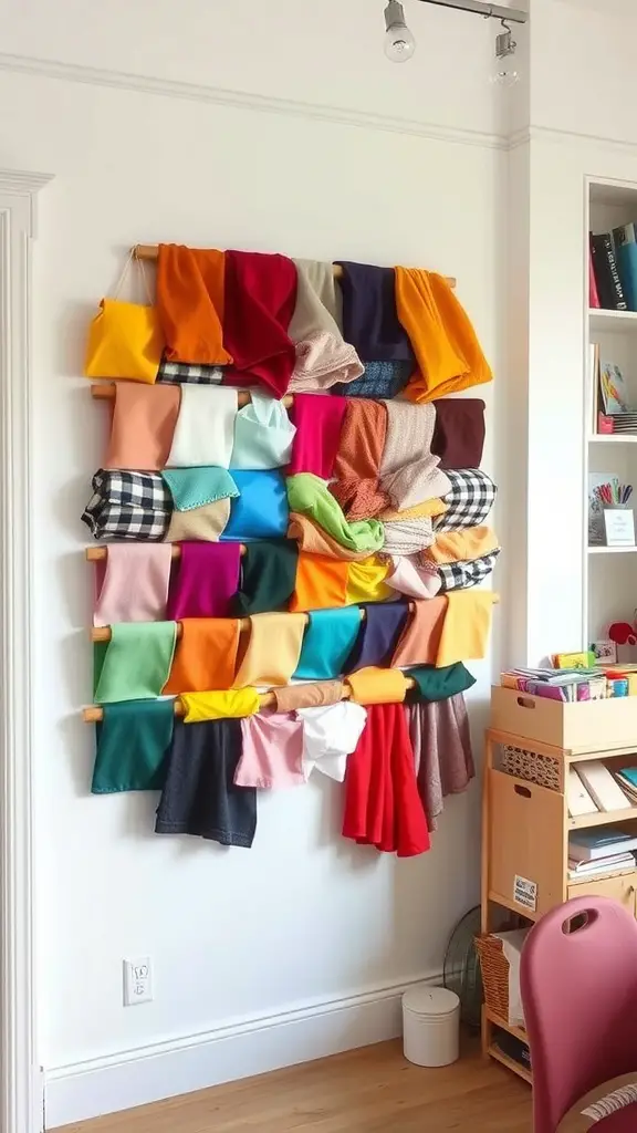 21 Creative Fabric Storage Solutions You Need to Try 2 Colorful wall-mounted fabric display with various fabrics neatly arranged on wooden rods