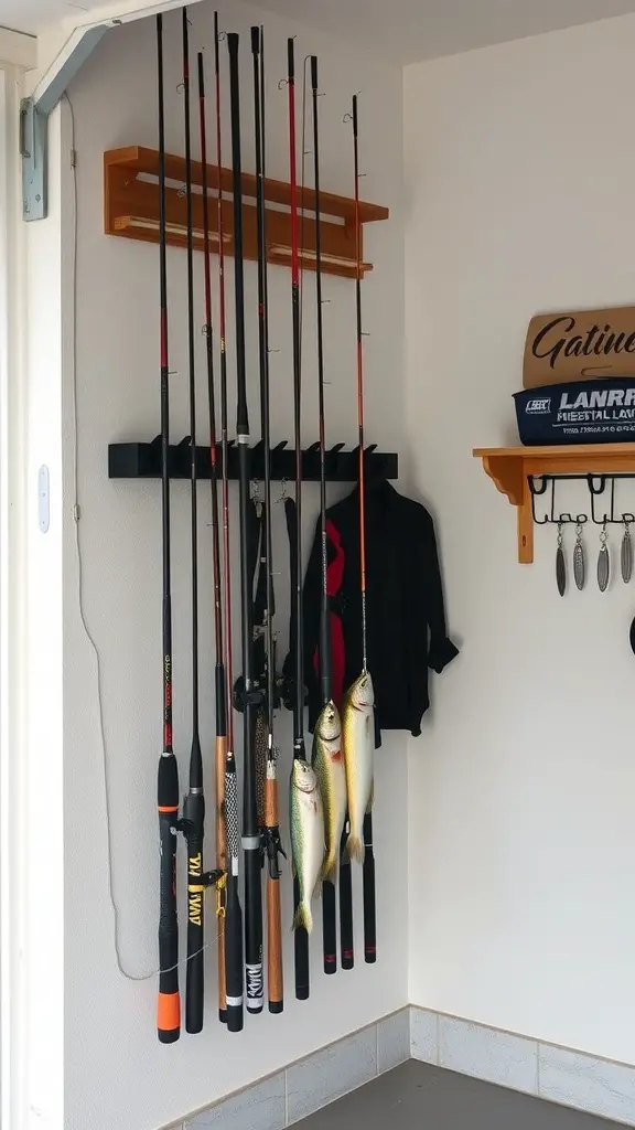 29+ Creative Fishing Rod Storage Ideas for Every Angler 2 Wall-mounted fishing rod holders displaying multiple fishing rods and accessories.