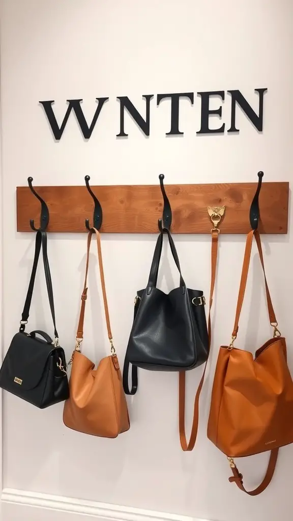 Wall-mounted hooks displaying various bags in different colors.