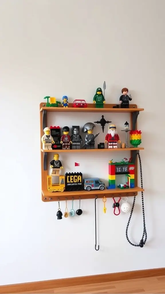 Wall-mounted shelf displaying various LEGO figures and accessories