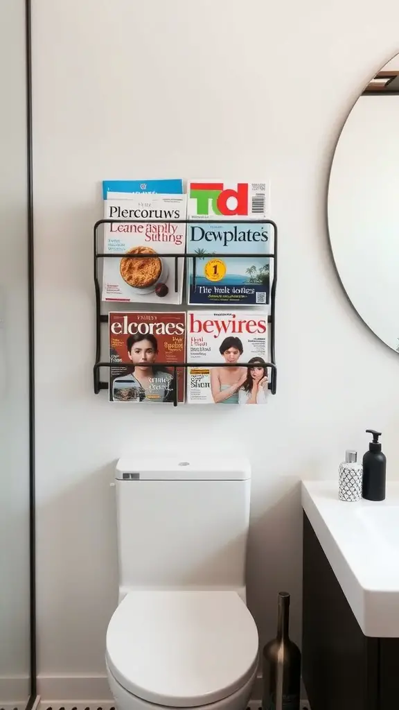 17 Creative Over Toilet Storage Ideas for Small Bathrooms 2 A wall-mounted magazine rack above a toilet, displaying various magazines in a modern bathroom setting.
