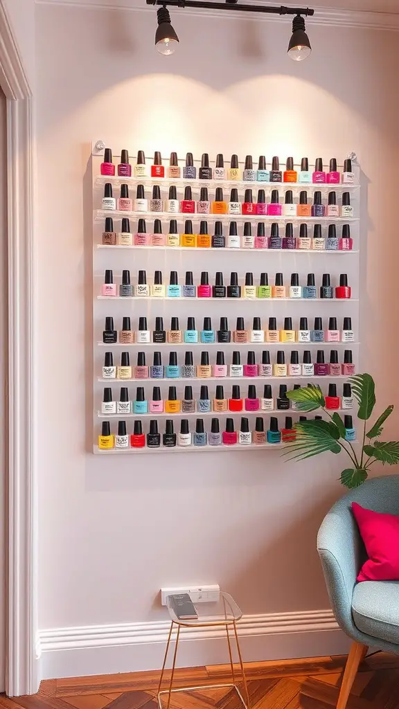 19+Creative Nail Polish Storage Ideas You’ll Love 2 A wall-mounted display showcasing a variety of nail polish bottles in different colors.
