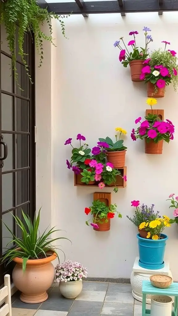 15 Creative Tiny Patio Ideas for Your Outdoor Space 11 Colorful wall-mounted planters with flowers on a white wall