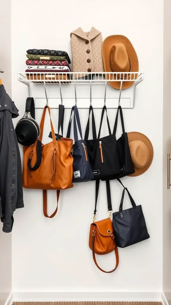 17+ Smart Closet Storage Ideas to Maximize Space 13 A wall-mounted rack displaying various bags and hats, with folded sweaters on a shelf above.