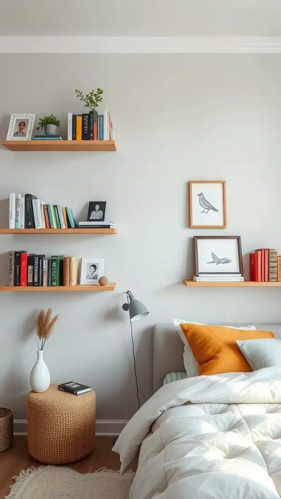 15 Creative Bedroom Storage Ideas for a Clutter-Free Space 7 A stylish bedroom featuring wall-mounted shelves with books and plants, creating a cozy and organized atmosphere.